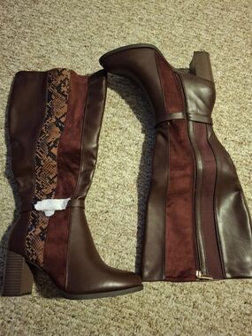 cloudwalkers Brown Knee-High Block Heel Boots with Snake-Print Accent